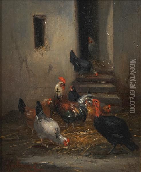 Roosters And A Turkey In A Farmyard Oil Painting - Claude Guilleminet
