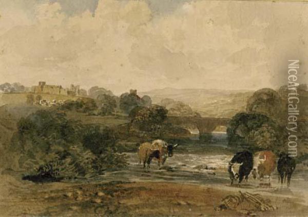Cows Beside The River, A Castle On The Hill Beyond, In A Rural Landscape Oil Painting - Peter de Wint
