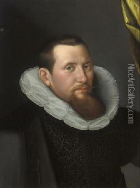 Portrait Of A Gentleman, 
Bust-length, In A Black Embroidereddoublet, Black Cloat And White Ruff Oil Painting - Gortzius Geldorp