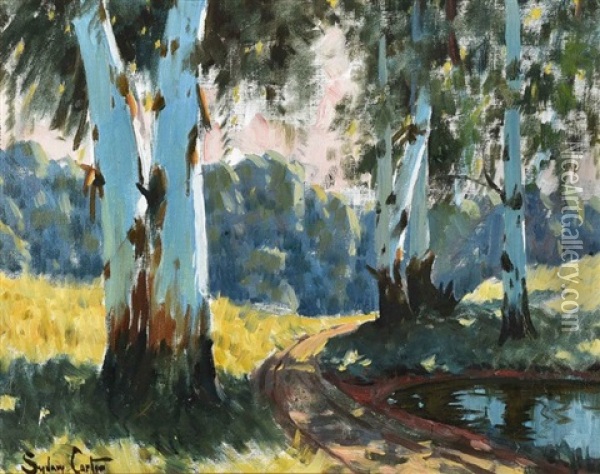 Blue Gum Trees At A Pond Oil Painting - Sydney Carter
