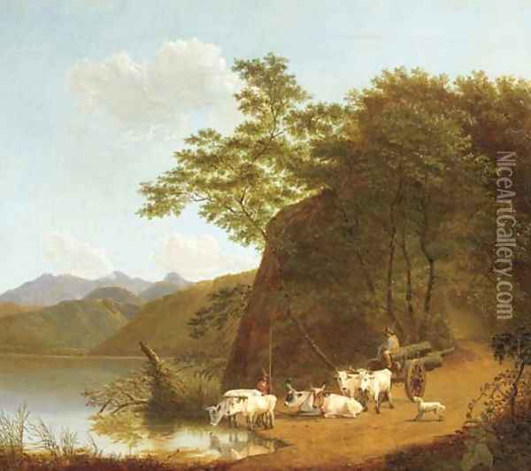 Oxen resting by the lakeside, Italy Oil Painting - Joseph Augustus Knip