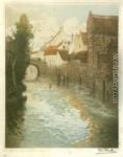 [vieilles Maisons Avec Un Pont A L'arriere-plan]. Oil Painting - Fritz Thaulow