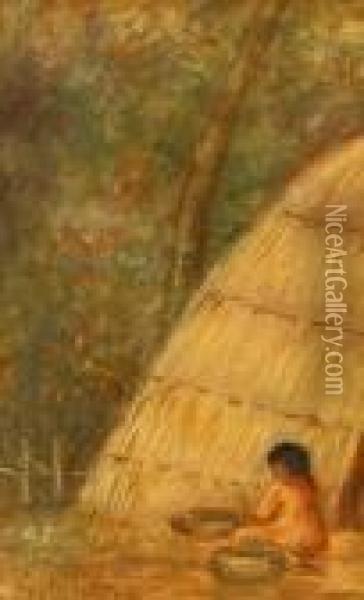 Chumash Indian Reed Hut With Kneeling Figure S L/l: G. Hudson O/b 7.5 X 5 Oil Painting - Grace Carpenter Hudson