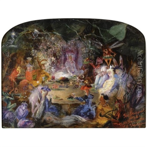 The Fairy's Banquet, Sketch (+ Giving Alms, Verso) Oil Painting - John Anster Fitzgerald