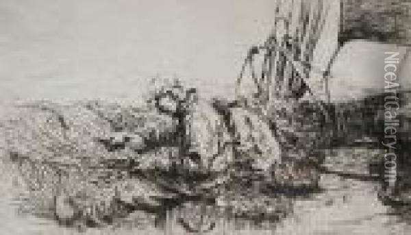 'mending The Trawl' 1926 Oil Painting - Arthur John Trevor Briscoe
