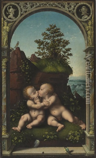 The Infant Christ And Saint John The Baptist As Children Embracing In A Landscape Oil Painting - Joos Van Cleve