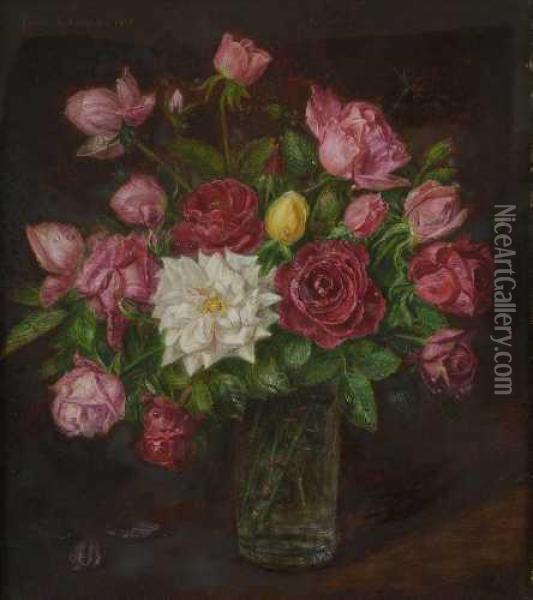 Rosen In Glasvase. Oil Painting - Hermann J. Gottlieb Kricheldorf