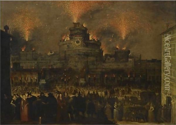 Rome, A View Of Castel Sant'Angelo With Figures Revelling Outdoors, With Fireworks And A Catherine Wheel Above Them Oil Painting - Louis de Caullery