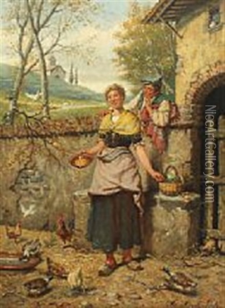 Spanish Farmer Surprising His Sweetheart Oil Painting - Manuel Amell