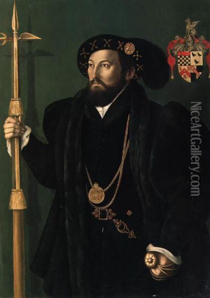 Portrait Of A Member Of The Palmer Family Of Lemington,gloucestershire, Probably William Palmer, A Member Of The Gentlemenpensioners, Three-quarter-length, In A Black Gown And Doublet,wearing A Long Double Gold Chain Around His Neck, With A Hat With Ameda Oil Painting - Gerlach Flicke