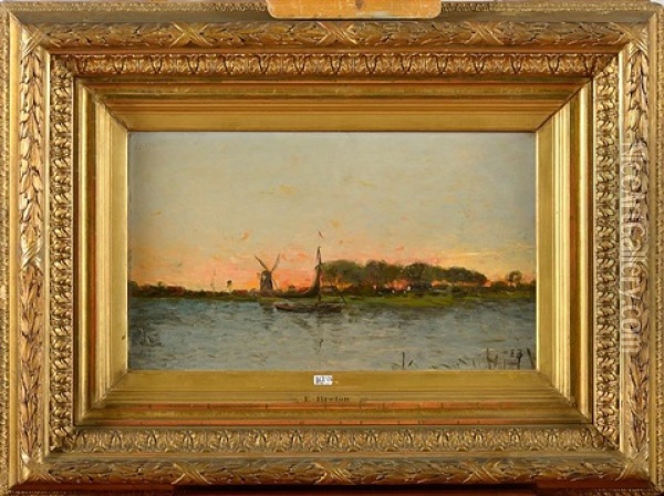 Coucher De Soleil Sur Un Paysage Lacustre Hollandais Oil Painting - Emile-Adelard Breton