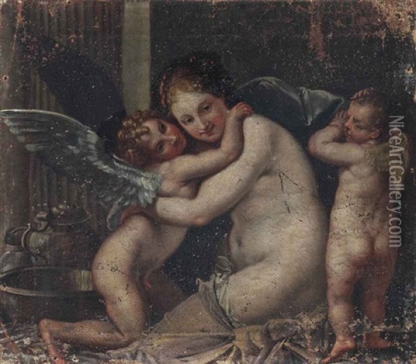 Venus And Cupid With A Putto Oil Painting - Pietro (Libertino) Liberi