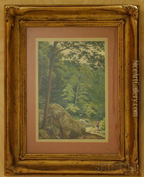 Wooded Landscape With Figure And A Stag Oil Painting - Charles Christian Eisele