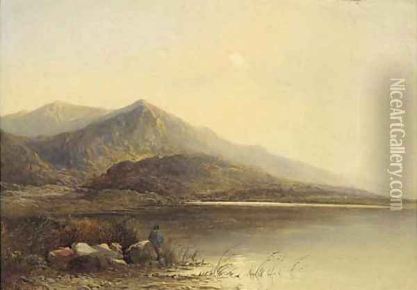 An angler in a mountainous lake landscape Oil Painting - Walter Williams