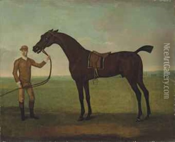 Fearnought With Jockey, Probably Match'em Timms, At Newmarket, Saint Mary's Church Beyond Oil Painting - Thomas Spencer