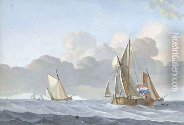 Sailing vessels in a stiff breeze, a village beyond Oil Painting - Jacobus Xavery