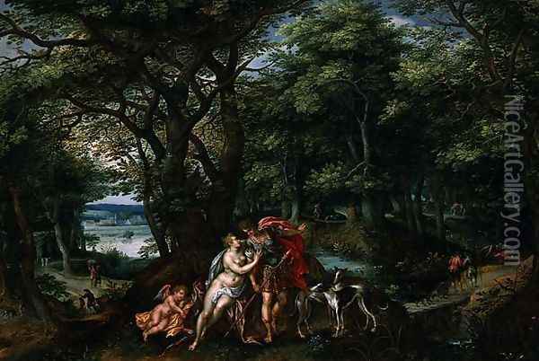 Venus and Adonis in a Wooded Landscape, 1607 Oil Painting - Hendrick De Clerck