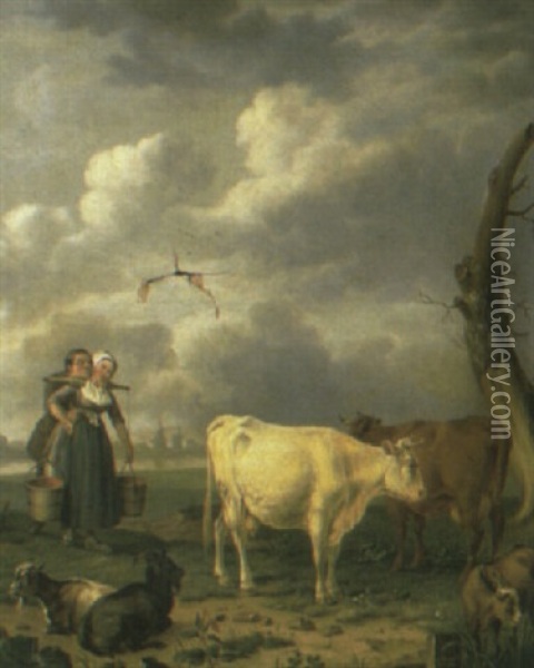 A Milkmaid With Her Swain And Cattle In Landscape Oil Painting - Abraham Bruiningh van Worrell