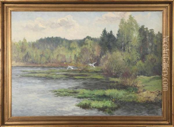 Landskap Med Masar, Signerad Rolf Mellstrom 1941 Oil Painting - Rolf Mellstrom
