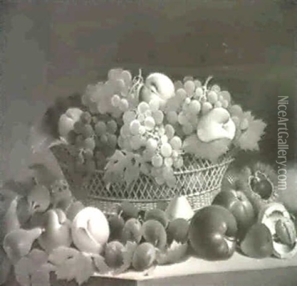 Fruchtestilleben Mit Feigen, Pfirsichen, Pflaumen, Trauben, Apfein Und Esskastanien Auf Einer Tischplatte Und In...... Oil Painting - Jakob Wibmer