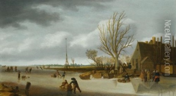 Winter Landscape With A Boy On Skates Pushing A Sled Oil Painting - Salomon van Ruysdael