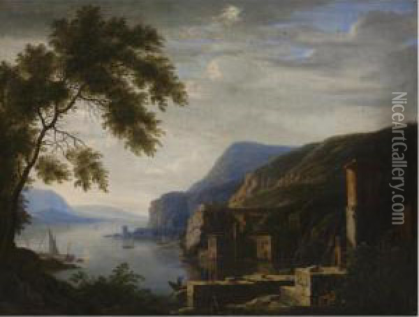 An Extensive Italianate River 
Landscape With Travellers Near Ruins, Shipping Near A Harbour Beyond Oil Painting - Willem Van Bemmel