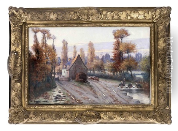 Gehoft Mit Kuherde Und Wascherinnen In Herbstlandschaft Oil Painting - Etienne Bouille