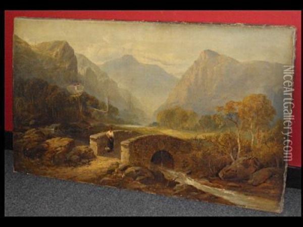 Mountain River Landscape With Figure Before A Stone Bridge Oil Painting - Clarence Roe