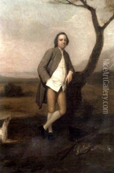 Portrait Of Henry Streatfeild Of Chiddingstone In A Mushroom-coloured Coat, White Waistcoat And Buff Breeches, Leaning On A Tree In A Landscape, With His Hat, Gun And Dog At His Feet Oil Painting - Arthur Devis