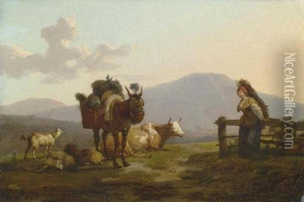Reisigsammlerin Und Vieh Vor Abendlicher Berglandschaft. 1796. Oil Painting - Francois Duval