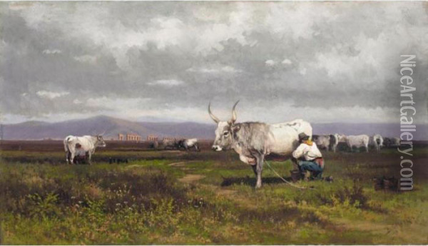 Paisaje Con Ganado (landscape With Cow) Oil Painting - Baldomero Galofre Y Gimenez