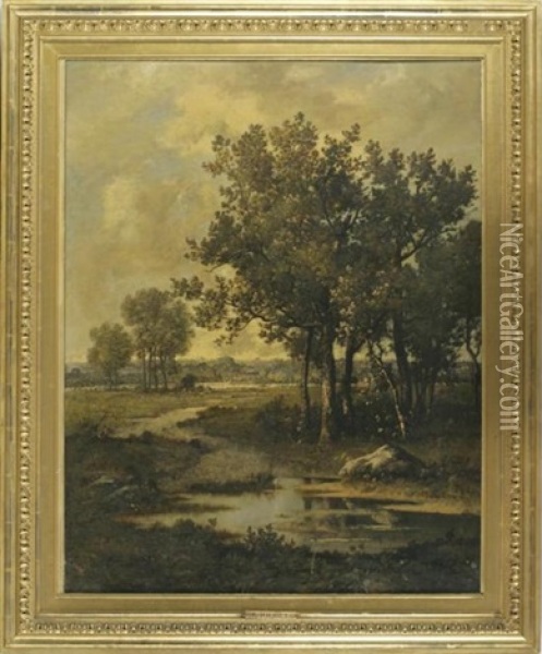 River Landscape With Oak Trees Oil Painting - Leon Richet