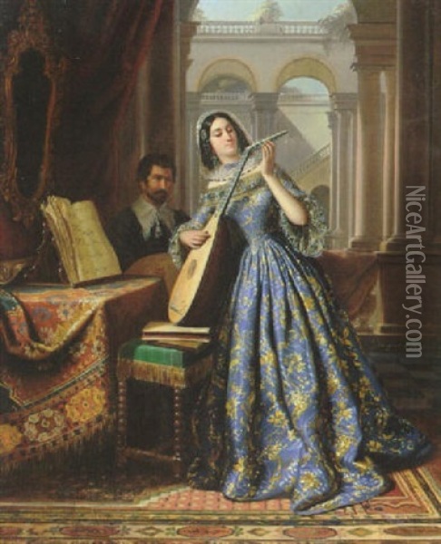 Lautenspielerin Oil Painting - Edouard Henri Theophile Pingret
