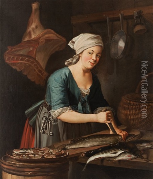 En Qvinna Som Ransar Fisk (a Woman Who Cleans The Fish) Oil Painting - Pehr Hillestroem