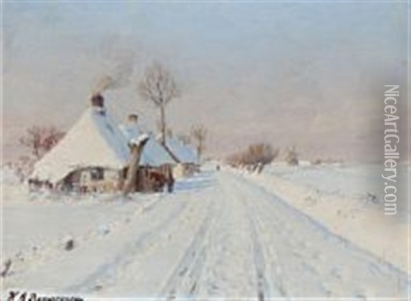 Winter Landscape At A Village Road Oil Painting - Hans Andersen Brendekilde