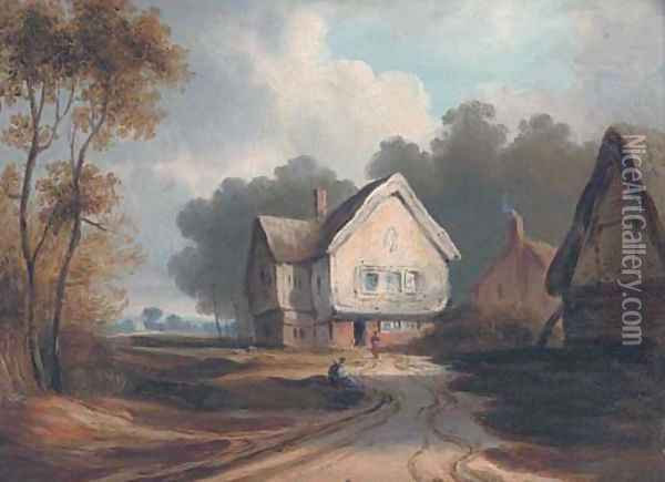 Figures before cottages, traditionally identified as Hampstead Heath Oil Painting - English School