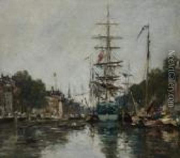 Canal A Rotterdam Oil Painting - Eugene Boudin