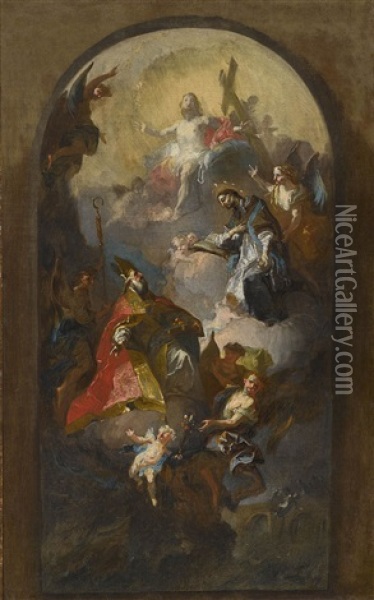 Die Heiligen Nikolaus Und Johannes Von Nepomuk Vor Christus Oil Painting - Felix Ivo Leicher