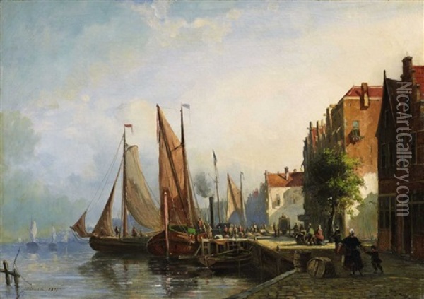 A Dutch Harbour (dordrecht?) Oil Painting - Johannes Frederik Hulk the Elder