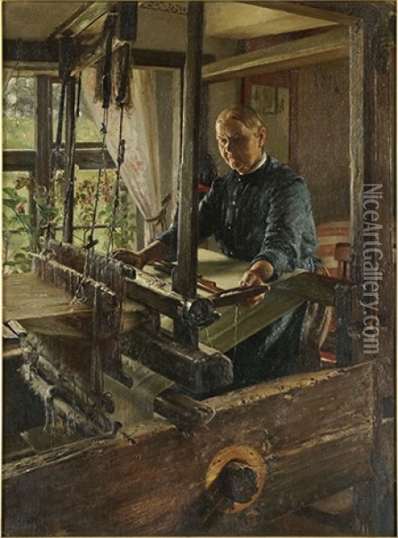 The Weaver At Her Loom Oil Painting - Ernst Henseler