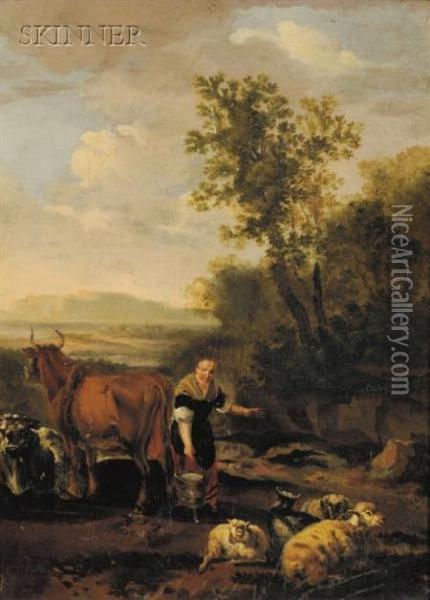 Woman Carrying A Milk Bucket With Livestock In Alandscape Oil Painting - Nicolaes Berchem