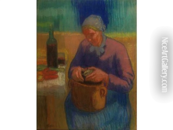 Paysanne Assise Epluchant Ses Legumes Oil Painting - Jean Peske