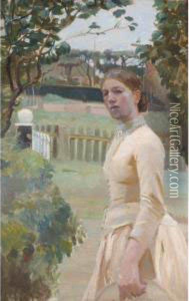 Anna Ancher I Haven, Pa Markvej (anna Ancher In The Garden, Markvej) Oil Painting - Michael Ancher