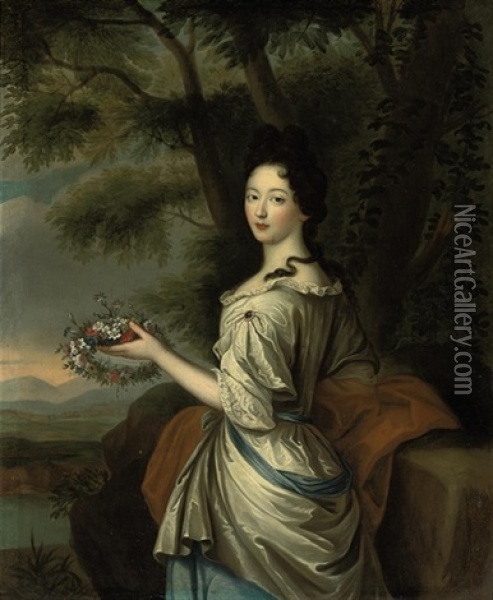 Portrait Of A Lady In A Lace-trimmed Gray And Blue Dress, A Wreath Of Flowers In Her Right Hand, In A Landscape Oil Painting - Pierre Mignard the Elder
