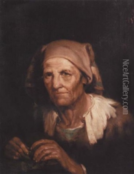 An Old Lady In A Brown Dress With A Brown Headscarf, Holding A Rosary Oil Painting - Giuseppe Nogari