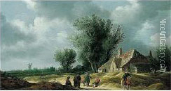 A Landscape With A Horseman And Figures Conversing Before A Farmhouse Oil Painting - Pieter de Neyn