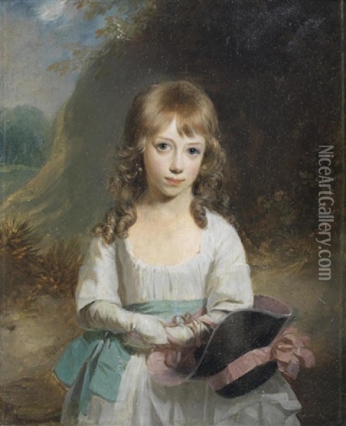 Portrait Of A Young Girl, Half-length, In A White Dress, Holding Her Bonnet Oil Painting - John Downman
