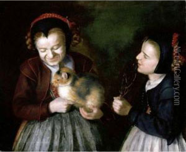 Portrait Of Two Young Girls, One Holding A Cat The Other Holding A Piece Of Coral Oil Painting - Judith Leyster