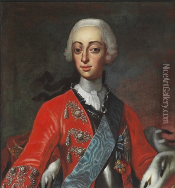 Portrait Of King Frederik V (1723-1766) In Red Jacket Oil Painting - Andreas Moller