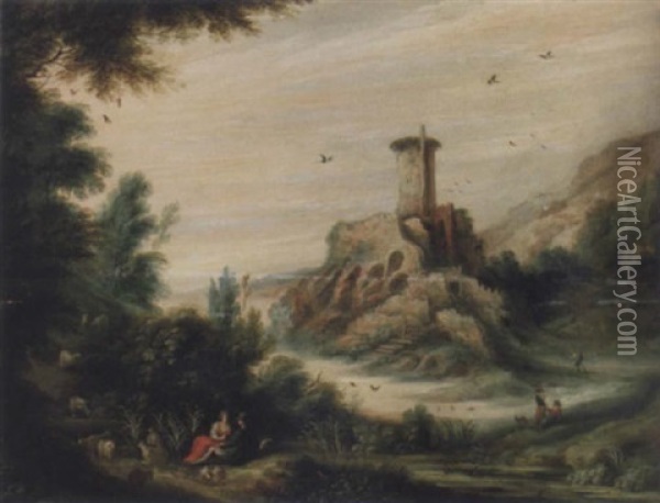 Ruinlandskap Med Herdepar Och Vandrare Oil Painting - Jan Tilens
